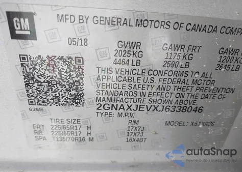 2018 Chevrolet Equinox Lt из США, поврежденный, VIN 2GNAXJEVXJ6338046